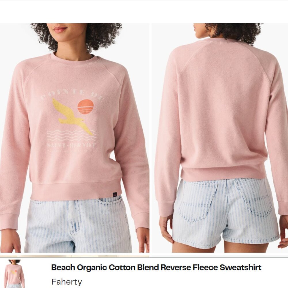 Faherty Beach Organic Cotton Blend Reverse Fleece Sweatshirt Peach Large NEW